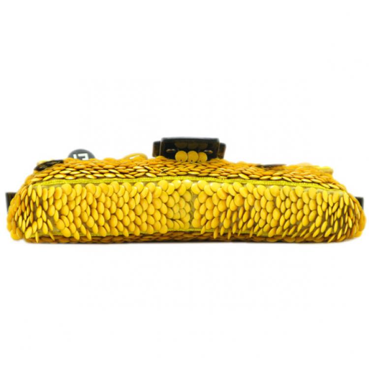 Pre Owned Fendi Enamel Charmed Yellow Evening Baguette