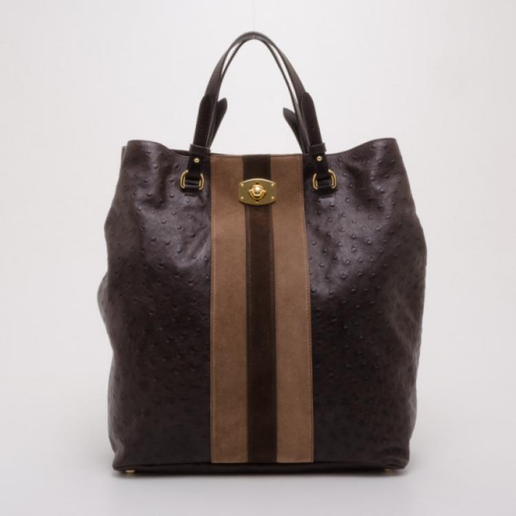 Pre Owned Furla Brown Ostrich Embossed Appaloose Vertical Shopper Tote