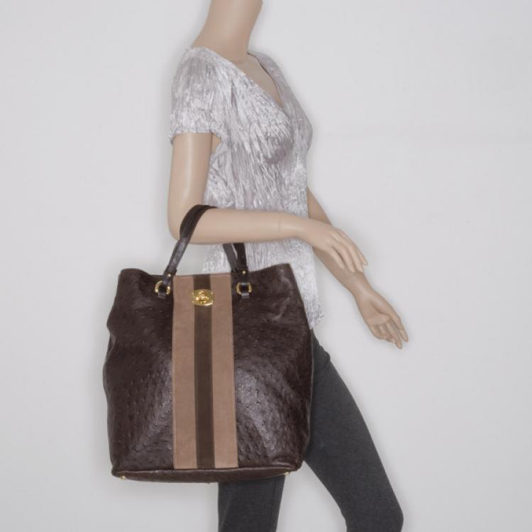 Pre Owned Furla Brown Ostrich Embossed Appaloose Vertical Shopper Tote
