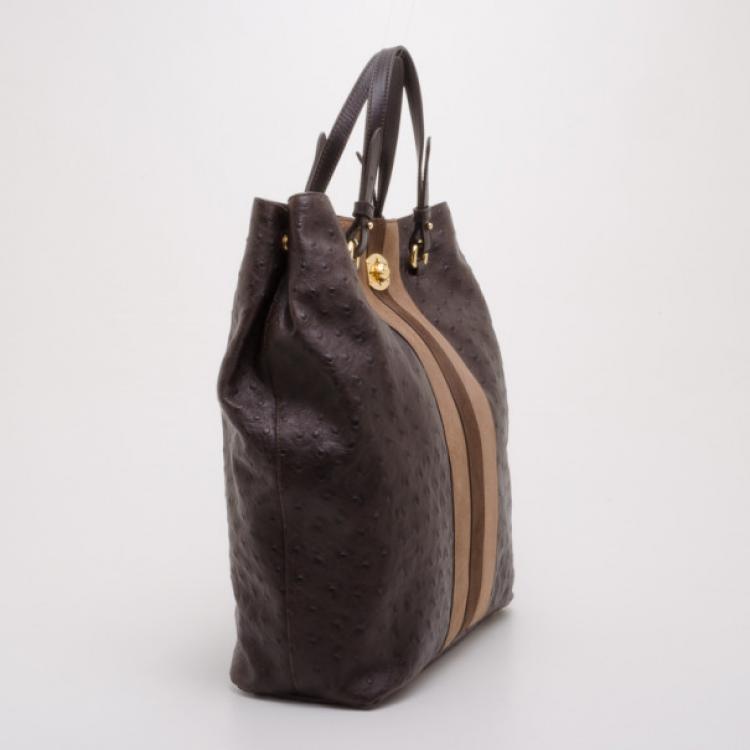 Pre Owned Furla Brown Ostrich Embossed Appaloose Vertical Shopper Tote