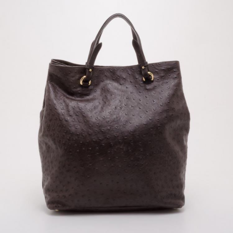 Pre Owned Furla Brown Ostrich Embossed Appaloose Vertical Shopper Tote