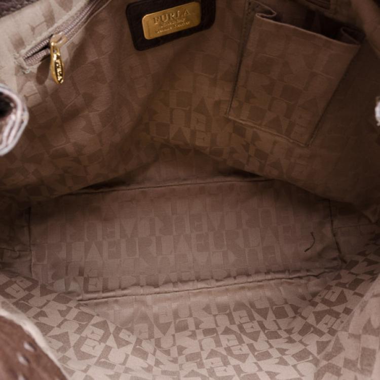Pre Owned Furla Brown Ostrich Embossed Appaloose Vertical Shopper Tote