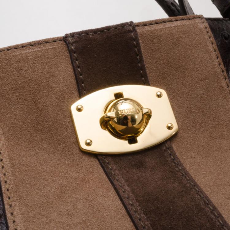 Pre Owned Furla Brown Ostrich Embossed Appaloose Vertical Shopper Tote