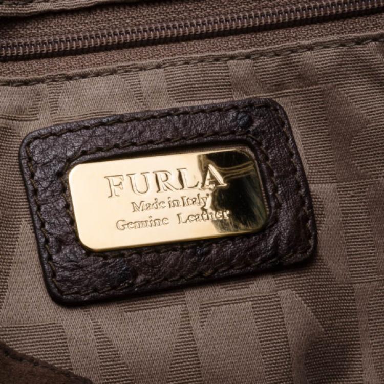 Pre Owned Furla Brown Ostrich Embossed Appaloose Vertical Shopper Tote