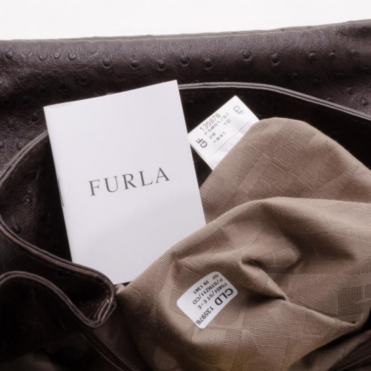 Pre Owned Furla Brown Ostrich Embossed Appaloose Vertical Shopper Tote