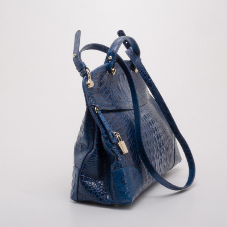 Pre Owned Furla Blue Crocodile Embossed Large Piper Satchel