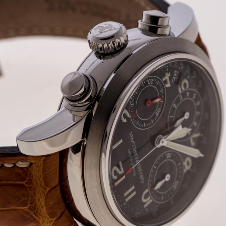 Pre Owned Girard Perregaux Black Carbon Fiber Ferrari 300 SS/ Leather Chronograph Ref.8020 Mens Wristwatch 36 MM