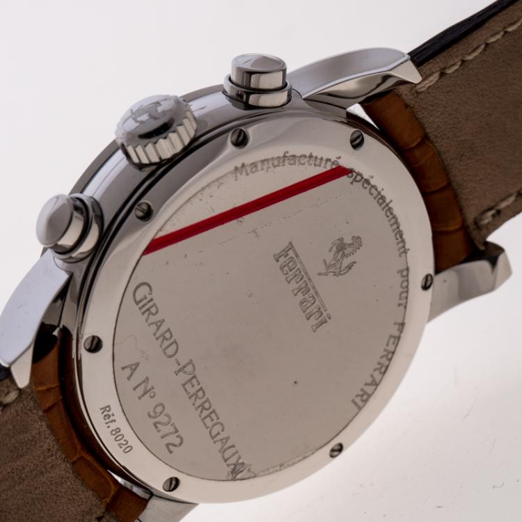 Pre Owned Girard Perregaux Black Carbon Fiber Ferrari 300 SS/ Leather Chronograph Ref.8020 Mens Wristwatch 36 MM