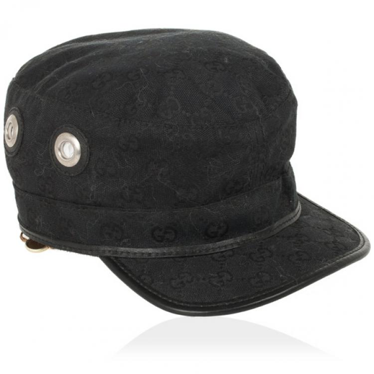 Pre Owned Gucci Black Guccissima Cap With Grommets and Horsebit Buckle