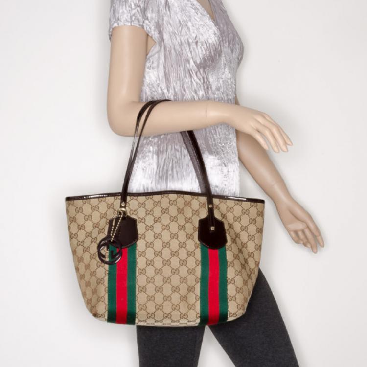 Gucci Jolicoeur Striped Charm Beige GG Canvas Tote Bag