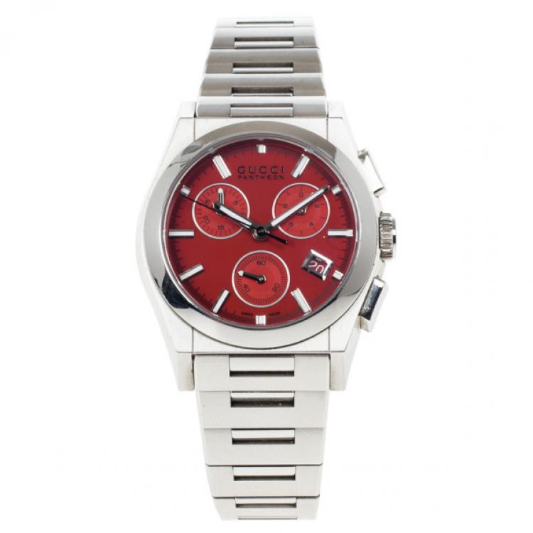 Pre Owned Gucci Red Stainless Steel Pantheon Men's Watch 36MM