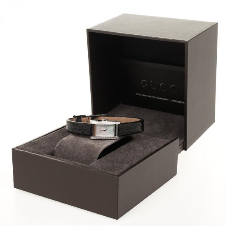 Pre Owned Gucci 8600L Mother of Pearl Diamond SS Leather Womens Wristwatch 26 MM