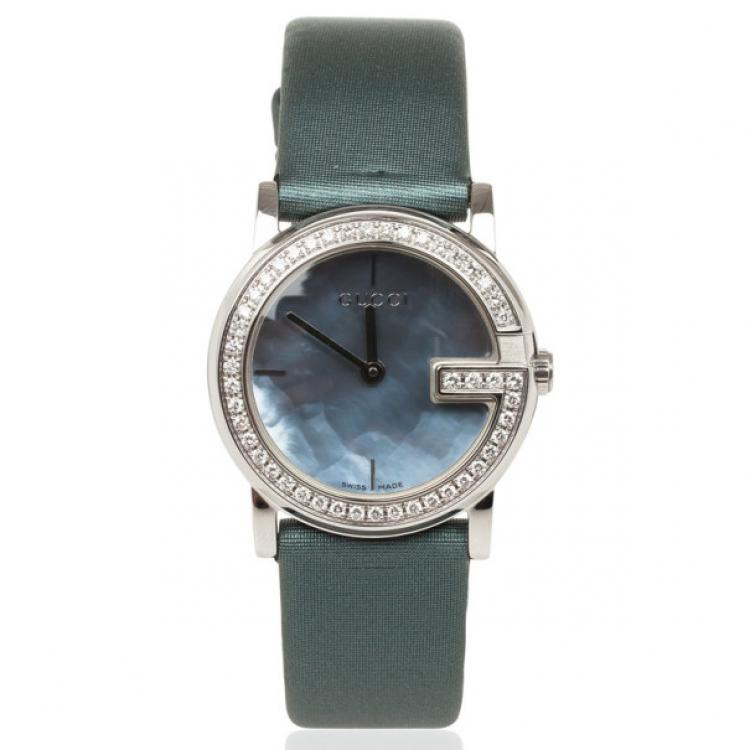 Pre Owned Gucci 101L Mother of Pearl Diamond SS Fabric Womens Wristwatch 28 MM
