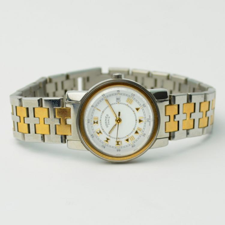 Pre Owned Hermes 18K Gold SS White Ladies Wristwatch 