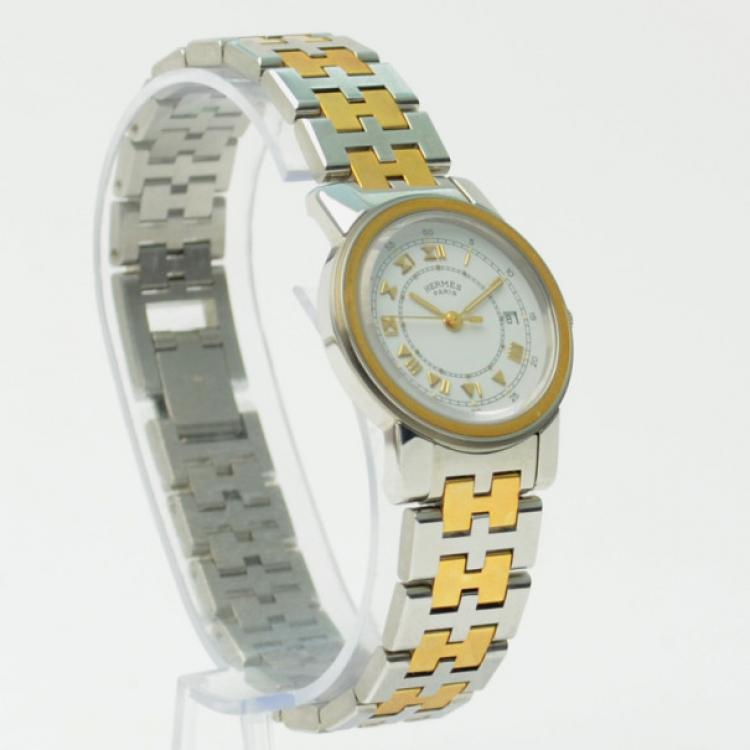 Pre Owned Hermes 18K Gold SS White Ladies Wristwatch 