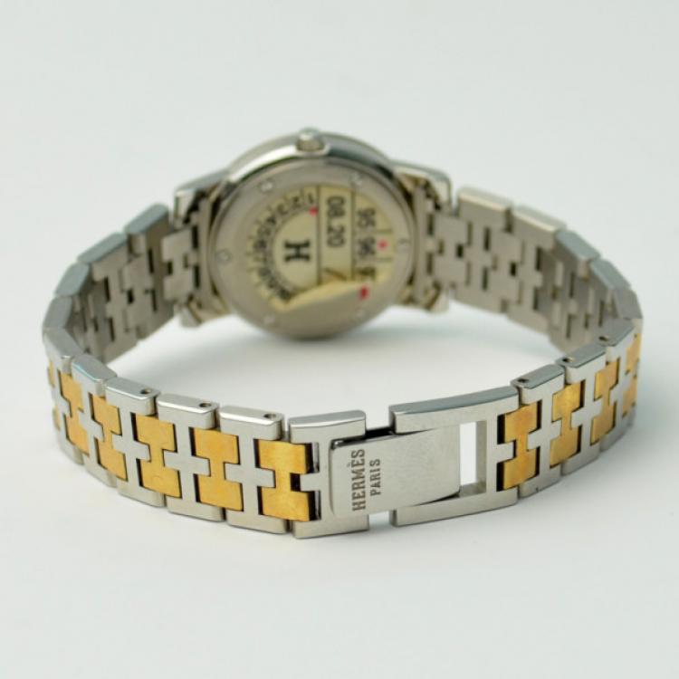 Pre Owned Hermes 18K Gold SS White Ladies Wristwatch 