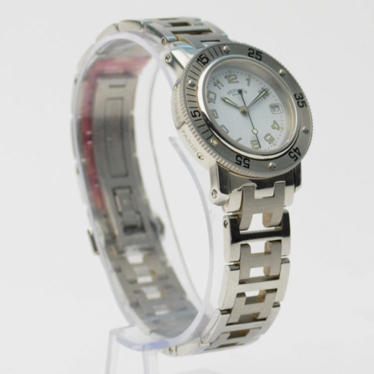 Pre Owned Hermes Clipper Ladies SS White Wristwatch 