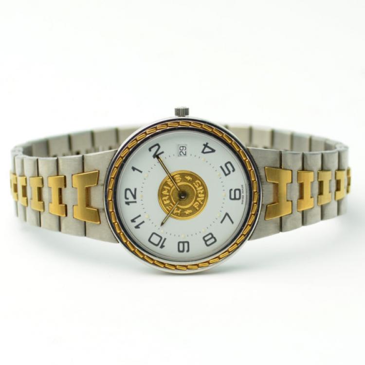 Pre Owned Hermes Classic SS 18K Gold & White Ladies  Wristwatch 