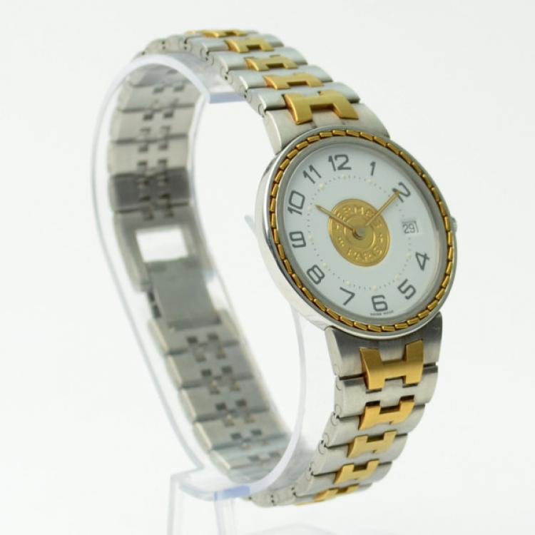 Pre Owned Hermes Classic SS 18K Gold & White Ladies  Wristwatch 