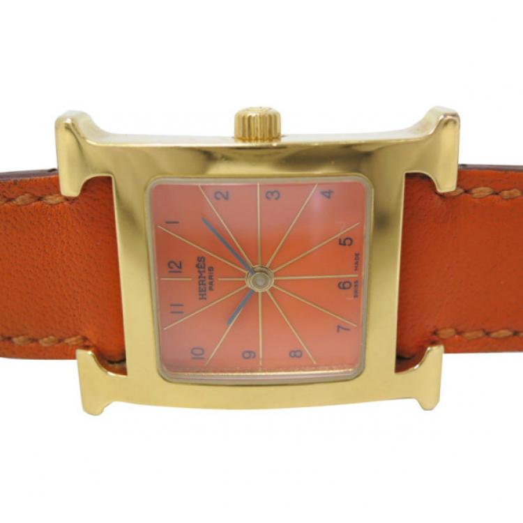 Pre Owned Hermes Orange Gold Plated SS Womens Wristwatch 21 MM