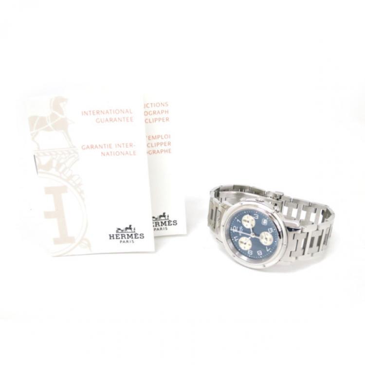 Pre Owned Hermes Clipper Chronograph SS Blue Mens Wristwatch