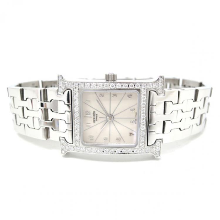 Pre Owned Hermes H Watch Diamond SS White Womens Wristwatch 22 MM