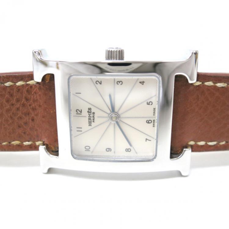 Pre Owned Hermes H Watch Wristwatch SS Leather Brown Ladies 