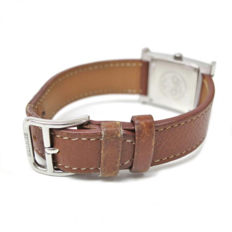 Pre Owned Hermes H Watch Wristwatch SS Leather Brown Ladies 
