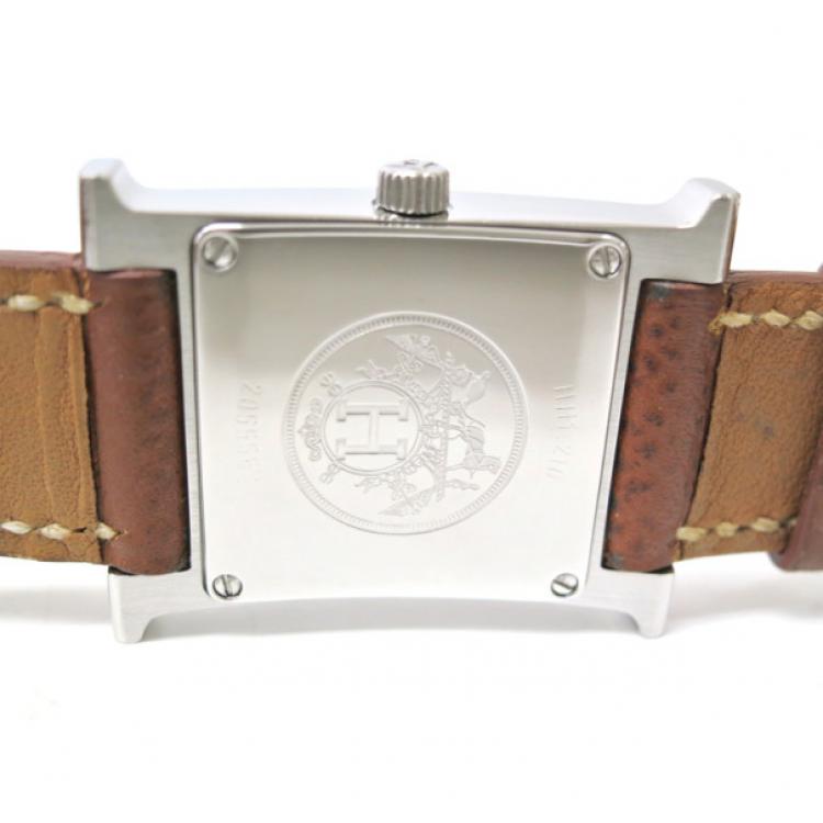 Pre Owned Hermes H Watch Wristwatch SS Leather Brown Ladies 