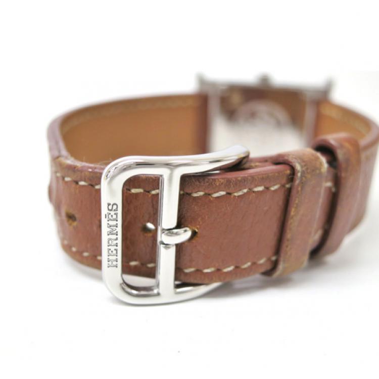 Pre Owned Hermes H Watch Wristwatch SS Leather Brown Ladies 