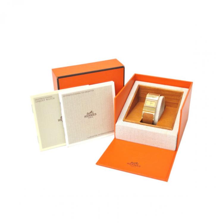 Pre Owned Hermes Loquet Wristwatch GP Leather Gold Brown Ladies