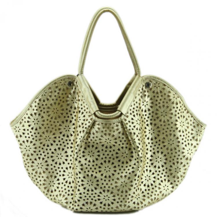 Pre Owned Jimmy Choo Gold Metallic Perforated Leather Star Tote