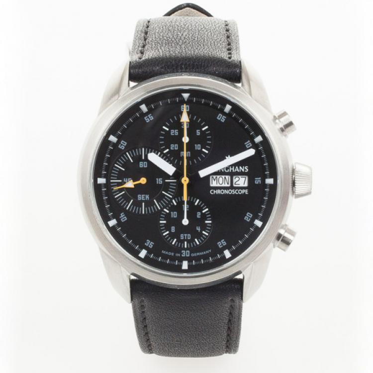 Pre Owned Junghans Ambassador SS Leather Chronograph Black Mens Wristwatch 42.5 MM