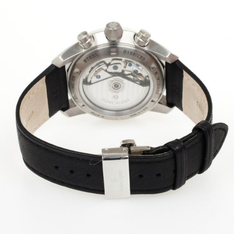 Pre Owned Junghans Ambassador SS Leather Chronograph Black Mens Wristwatch 42.5 MM