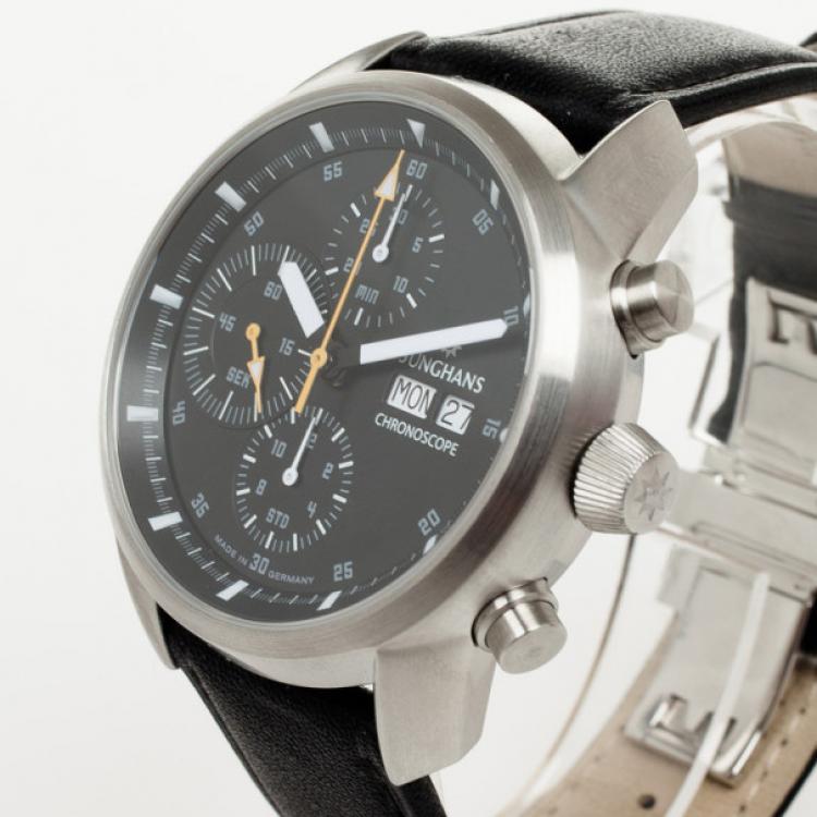 Pre Owned Junghans Ambassador SS Leather Chronograph Black Mens Wristwatch 42.5 MM