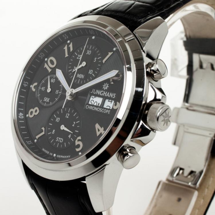 Pre Owned Junghans Chronoscope SS Leather Mens Wristwatch 42 MM