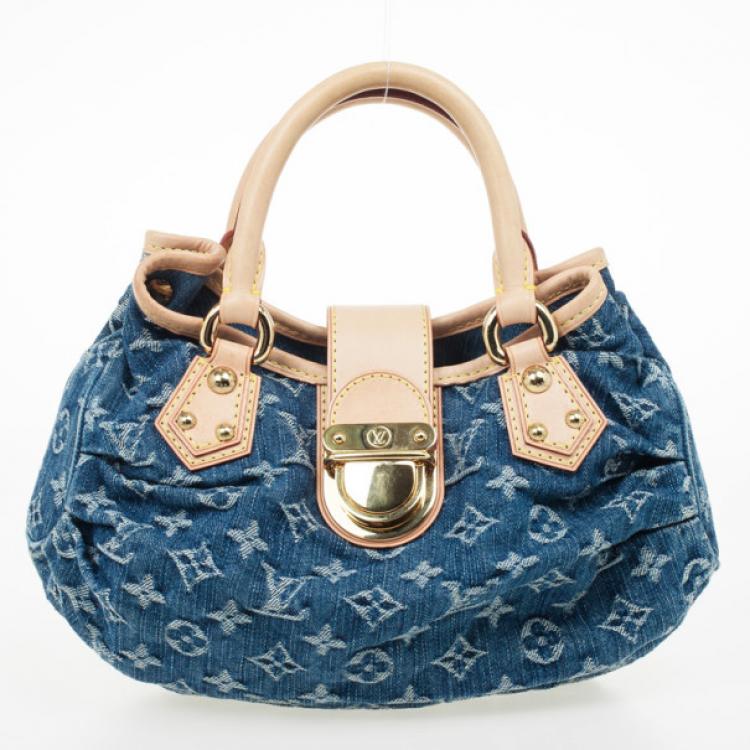 LOUIS VUITTON DENIM HANDBAG, monogram denim with leather trims and handles,  gold tone hardware, push clasp front closure and snap closure at both  sides, 25cm x 15cm H with dust bag and