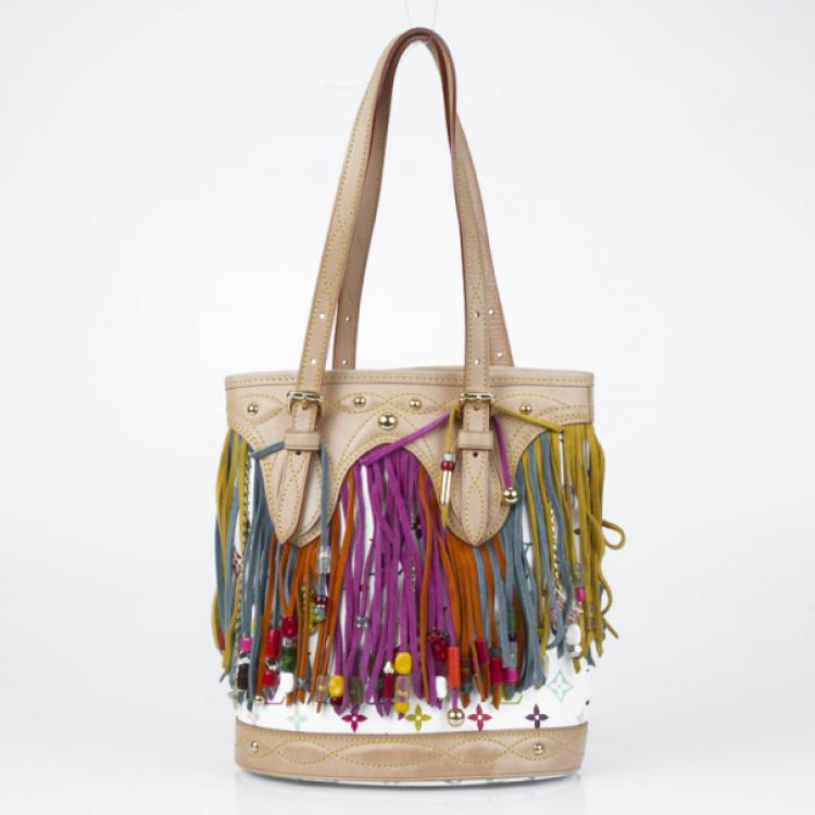 Vintage Louis Vuitton White Multicolor Fringe Bucket Bag