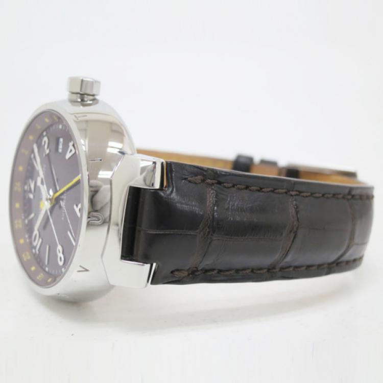 Pre Owned Louis Vuitton Tambour GMT SS Leather Mens Wristwatch 38 MM
