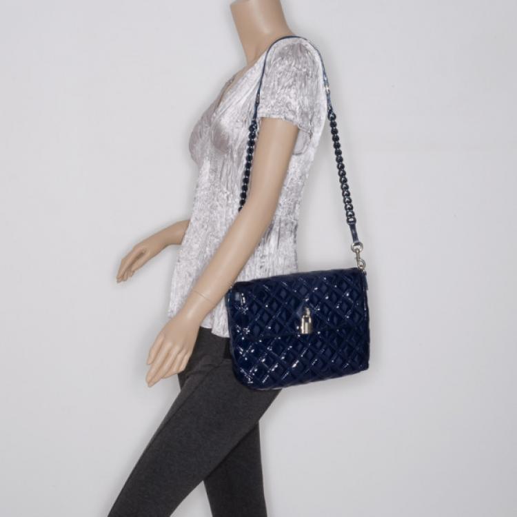 Pre Owned Marc Jacobs Blue Patent Quilted Single Flap Shoulder Bag 
