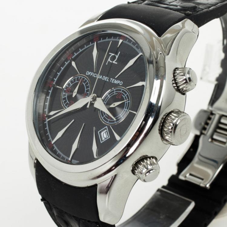 Pre Owned Officina Del Tempo SS Leather Chronograph Mens Wristwatch 44MM