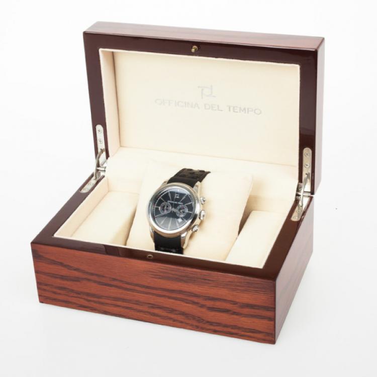 Pre Owned Officina Del Tempo SS Leather Chronograph Mens Wristwatch 44MM