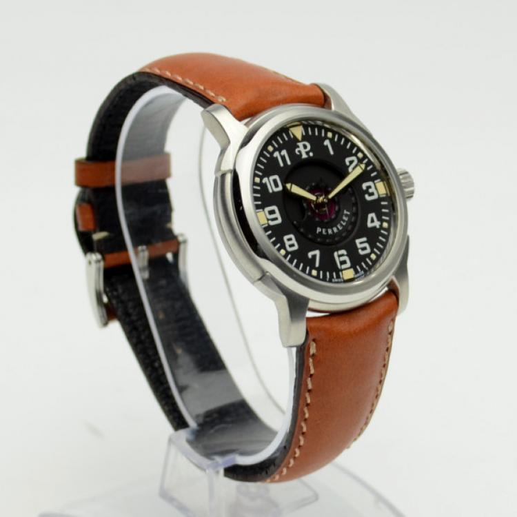 Pre Owned Perrelet Brown Leather Air Zermatt Black Mens Wristwatch