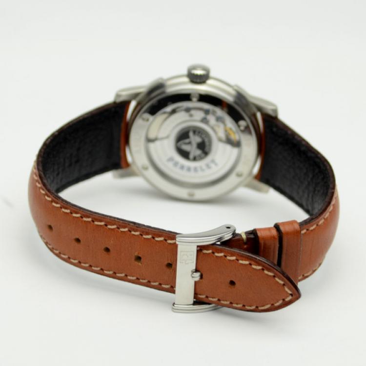 Pre Owned Perrelet Brown Leather Air Zermatt Black Mens Wristwatch