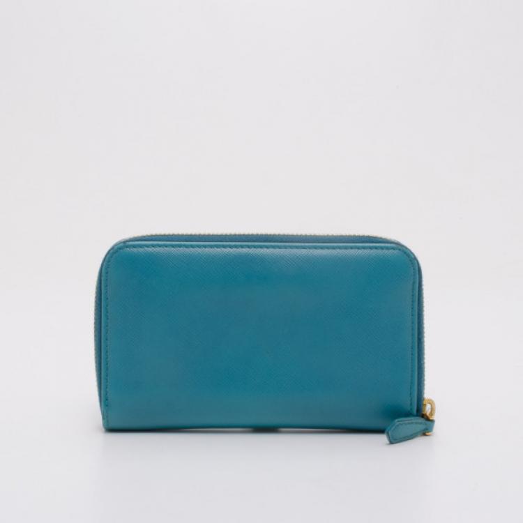 Pre Owned Prada Saffiano Calf Leather Wallet in Aqua Blue 