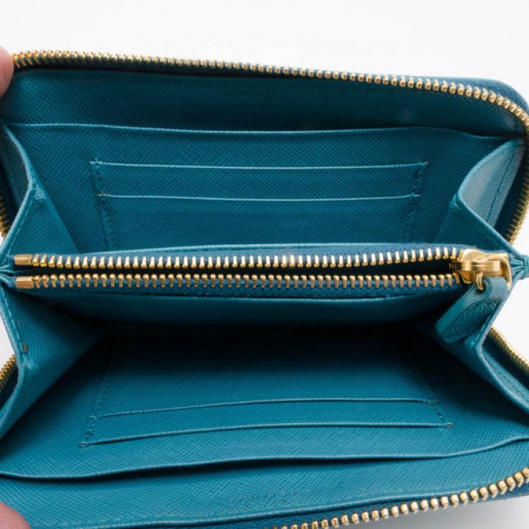 Pre Owned Prada Saffiano Calf Leather Wallet in Aqua Blue 