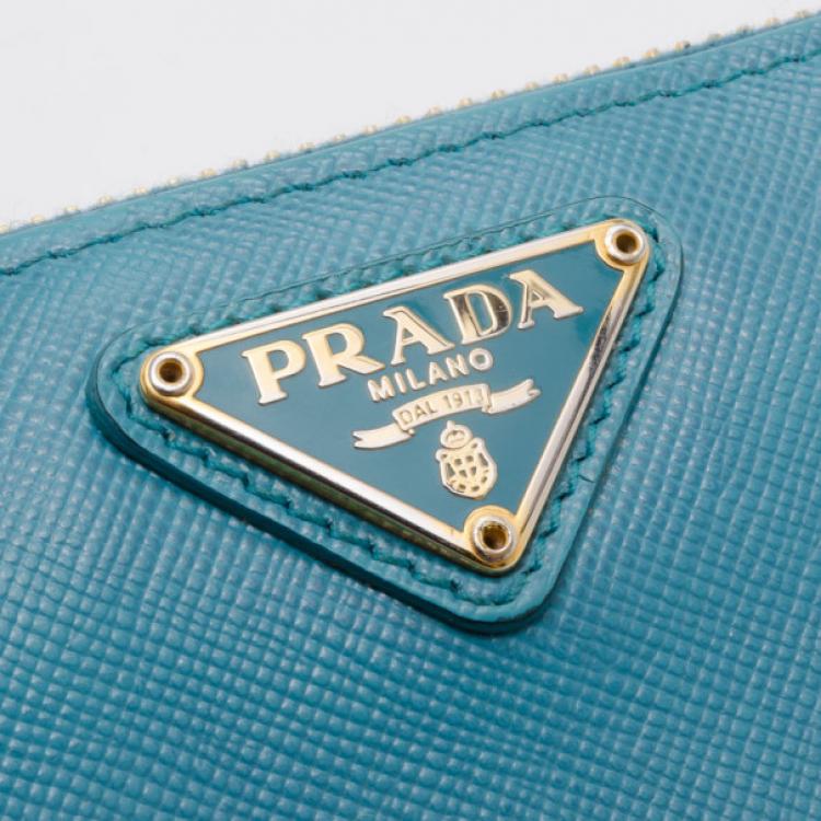 Pre Owned Prada Saffiano Calf Leather Wallet in Aqua Blue 