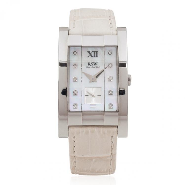Pre Owned Rama Swiss Watch 9920 Mother of Pearl SS eather Womens Wristwatch 30 MM