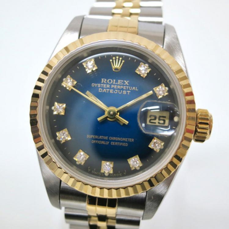Pre Owned Rolex Date Just 10P Wristwatch SS YG Blue Gradation Ladies