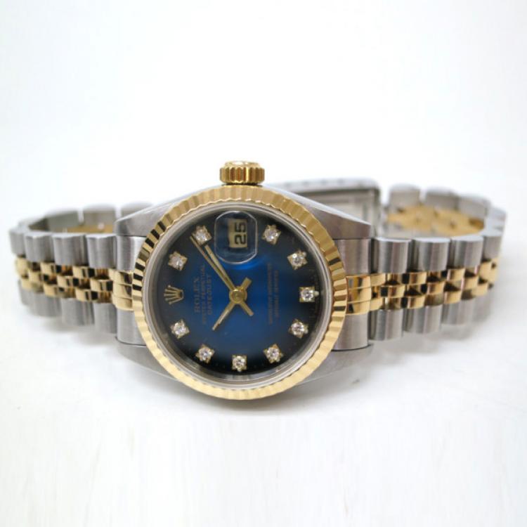 Pre Owned Rolex Date Just 10P Wristwatch SS YG Blue Gradation Ladies